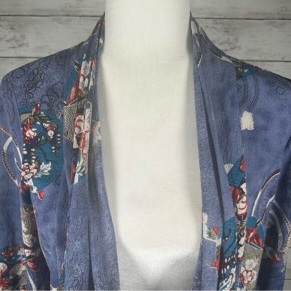 Citron Santa Monica Smoke Blue Floral Open Front Silk Jacket Size Medium Petite - Picture 3 of 8